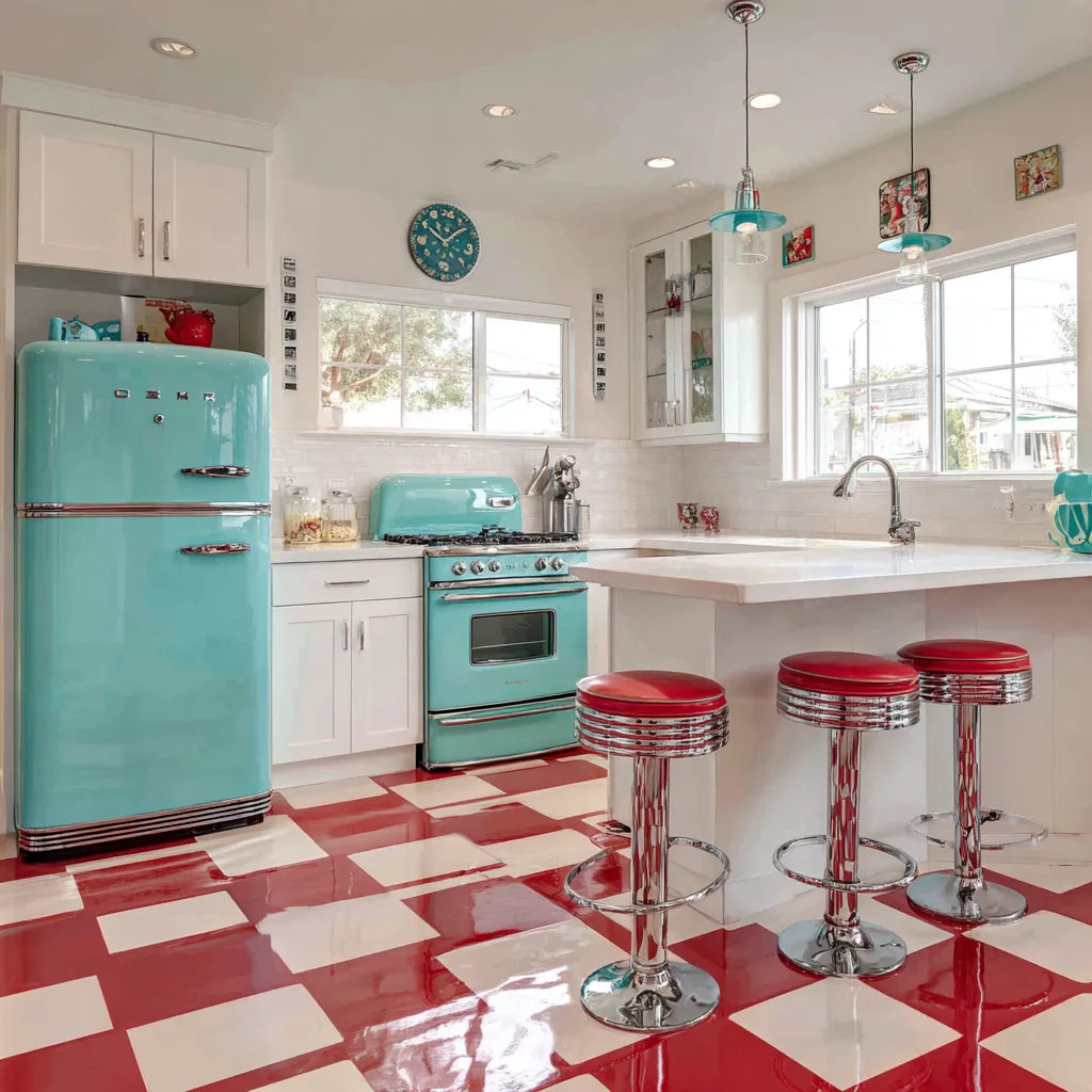 retro Americana kitchen with red and white checkerboard flooring