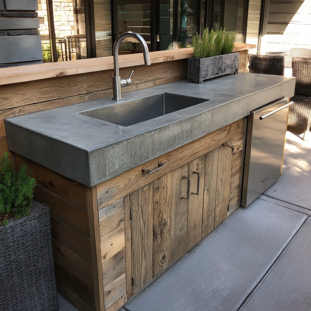 DIY outdoor kitchen with custom-poured concrete countertops