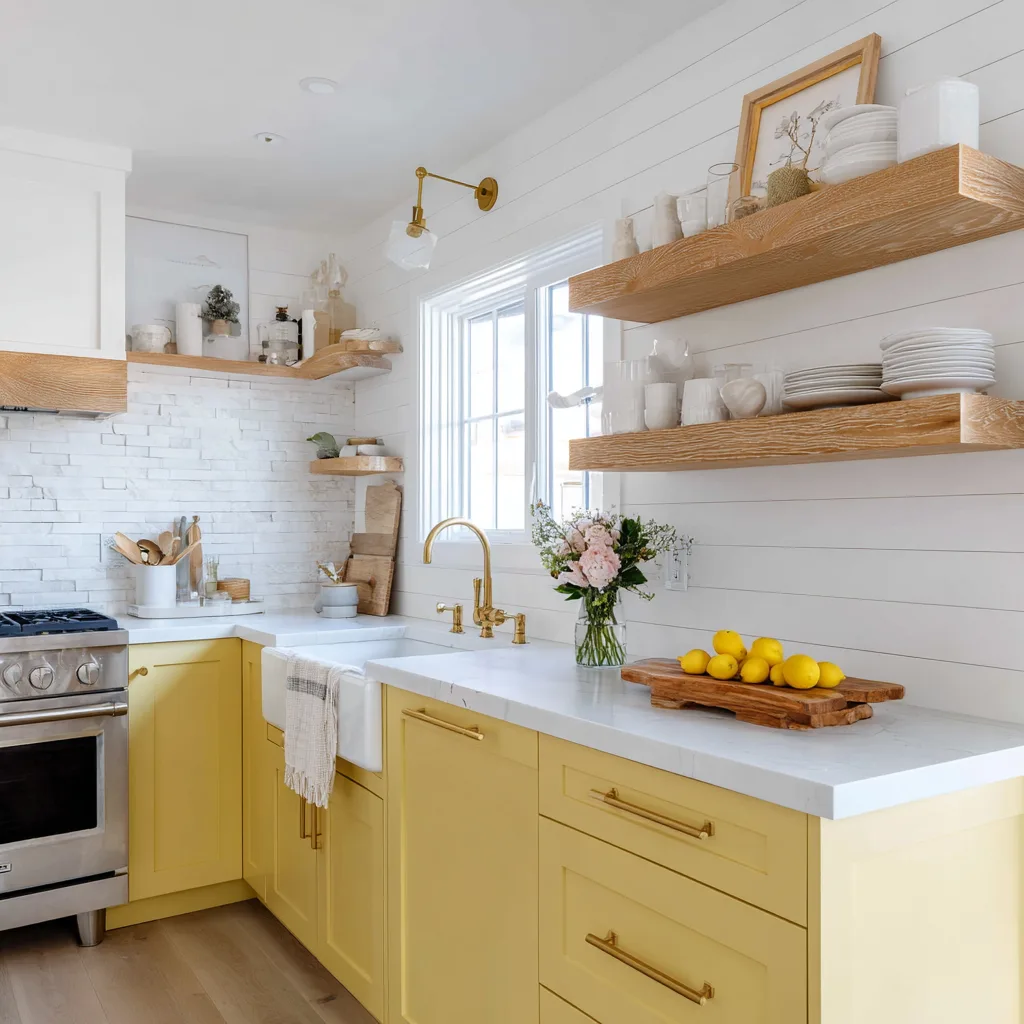 Bright modern farmhouse kitchen with a bold yellow accent island