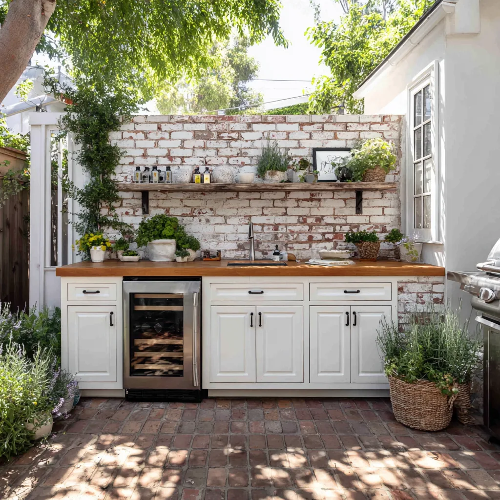 outdoor kitchen made from repurposed white cabinets