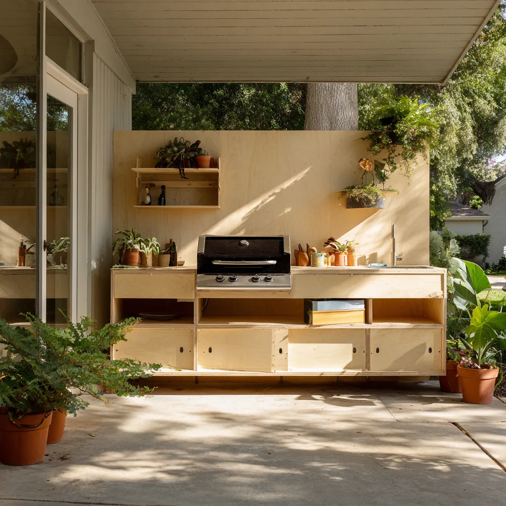 simple outdoor kitchen with light wood plywood cabinetry