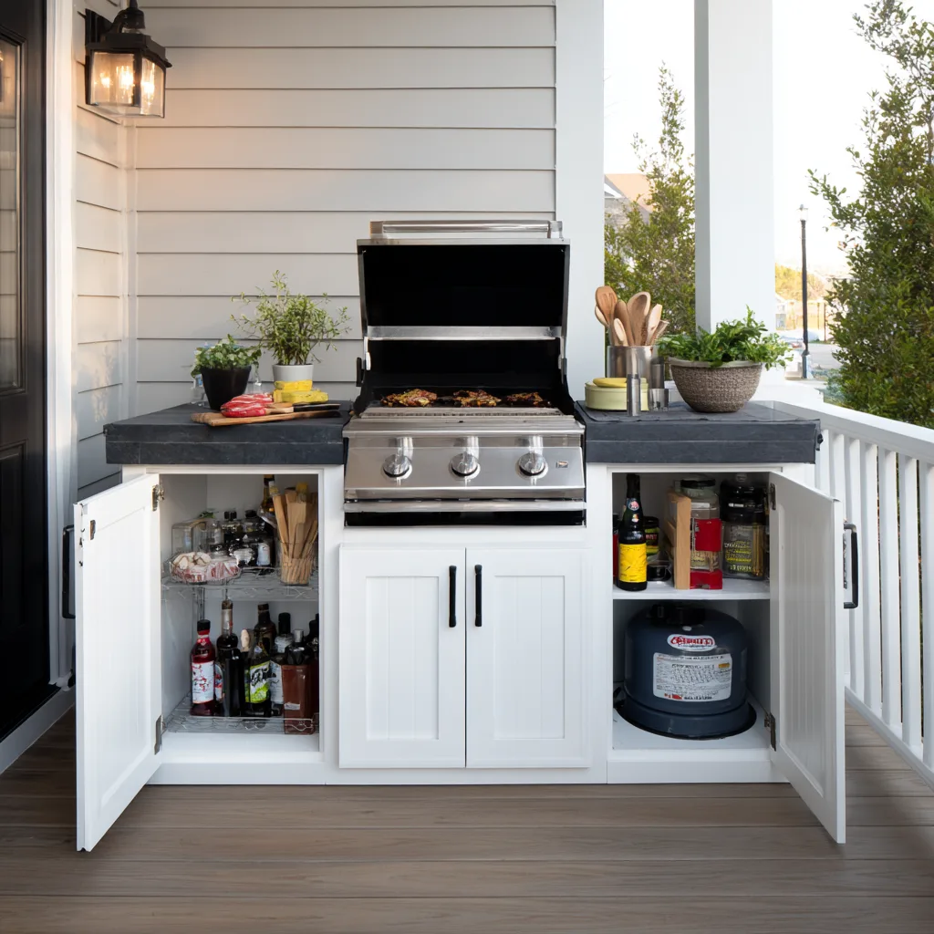 compact grilling island with white painted cabinets
