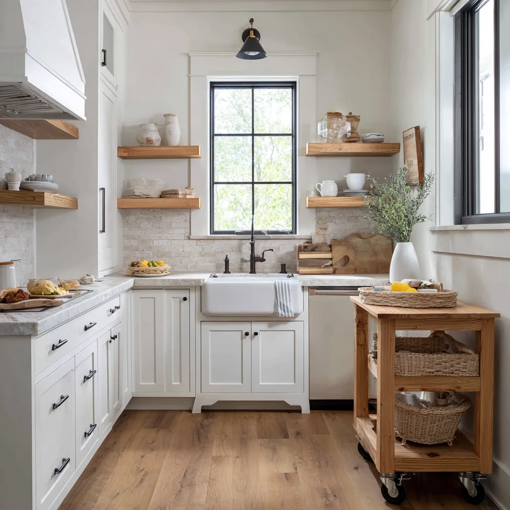 Compact modern farmhouse kitchen with white cabinets in a small space