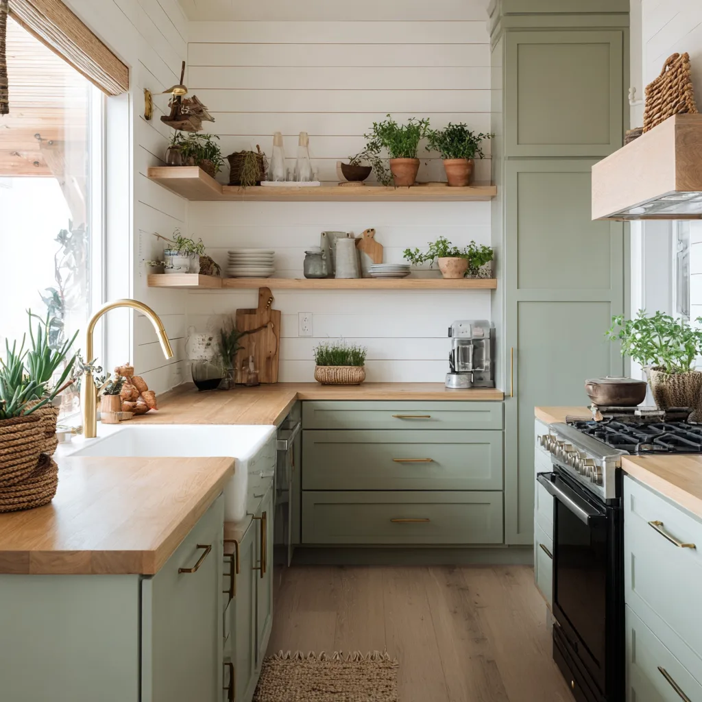 Fresh modern farmhouse kitchen with sage green cabinets