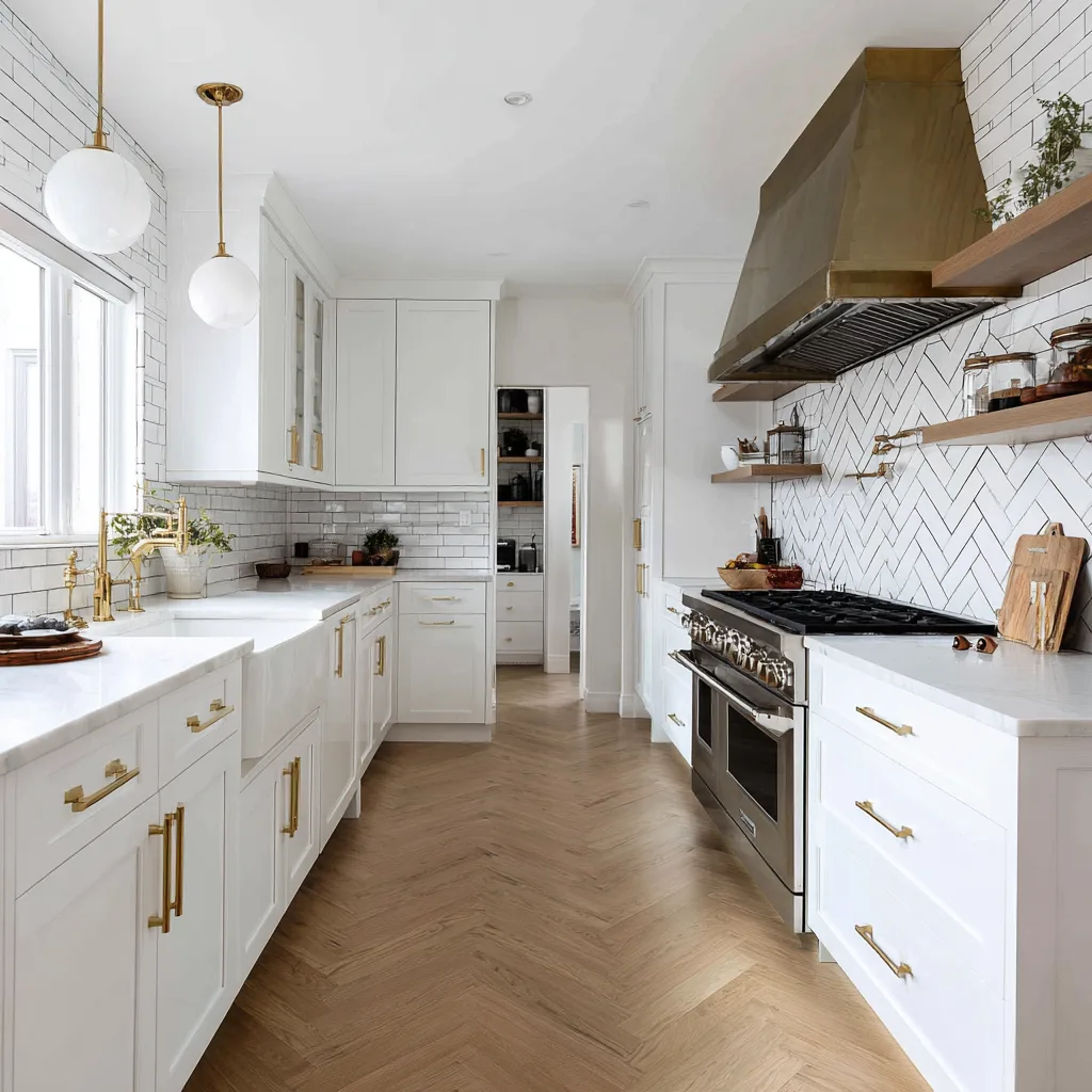 Modern farmhouse kitchen with a striking herringbone tile backsplash