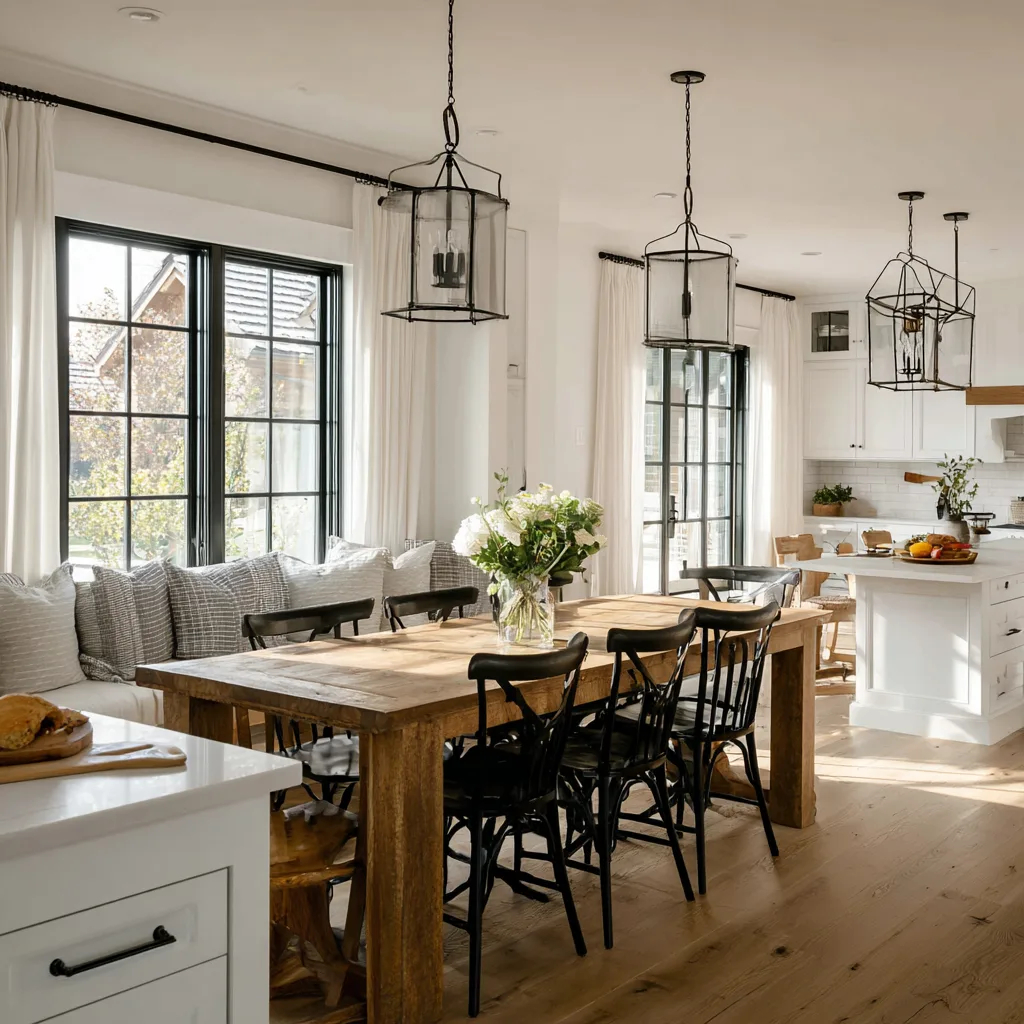 Modern farmhouse kitchen with layered lighting and black metal pendants
