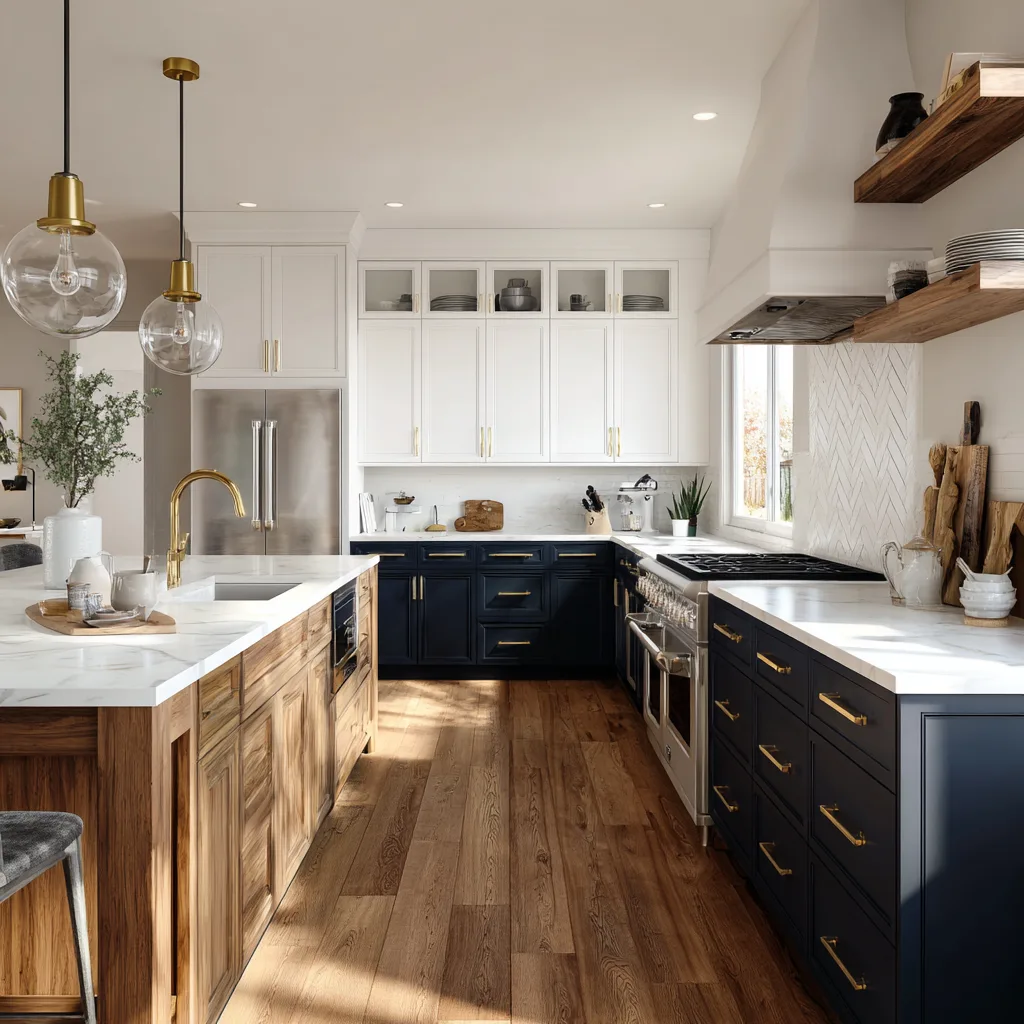 modern farmhouse kitchen with white upper cabinets