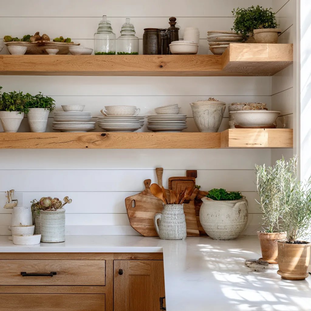 Modern farmhouse kitchen with natural wood open shelving