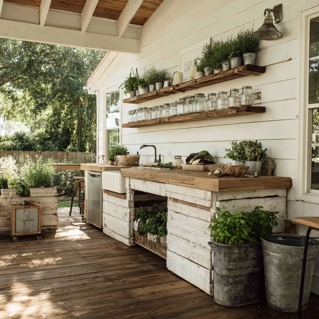 rustic farmhouse outdoor kitchen with white shiplap