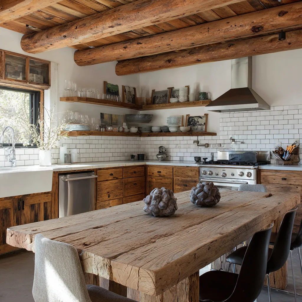 Rustic modern farmhouse kitchen with reclaimed wood island
