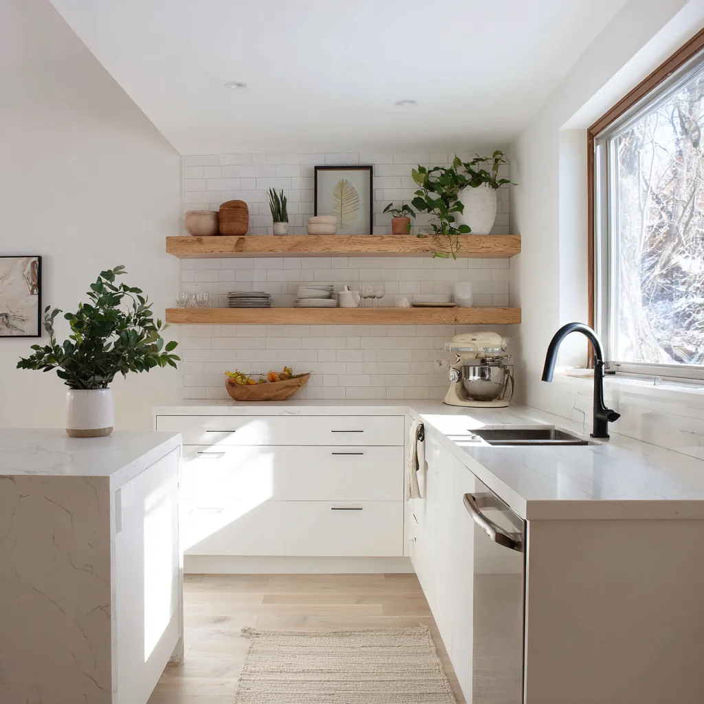 Serene minimalist modern farmhouse kitchen with white cabinets