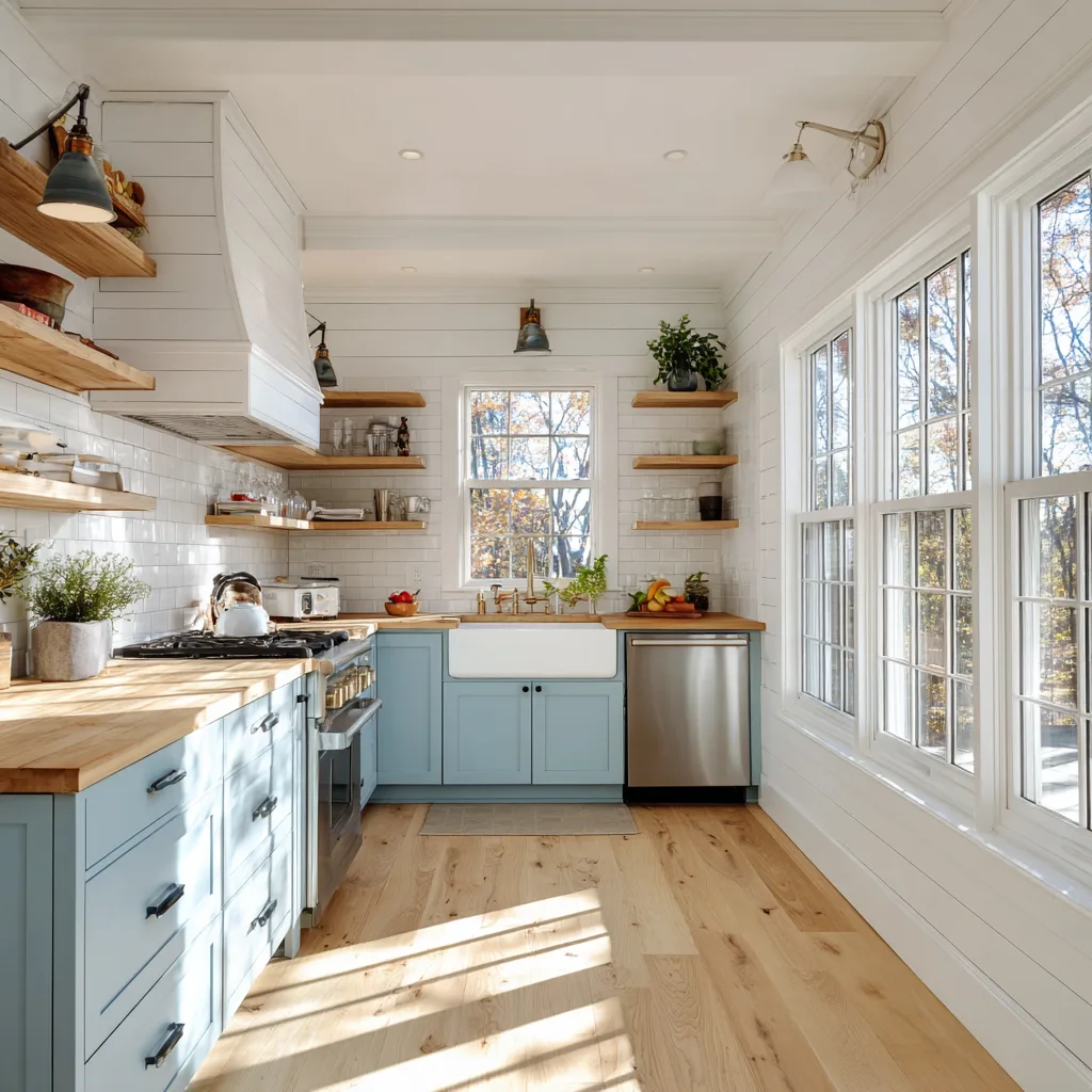 Serene modern farmhouse kitchen with soft powder blue cabinets