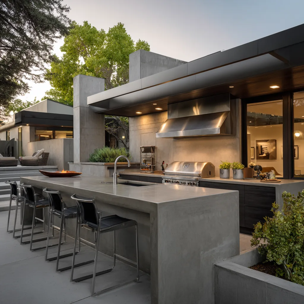 sleek outdoor kitchen with smooth gray concrete countertops