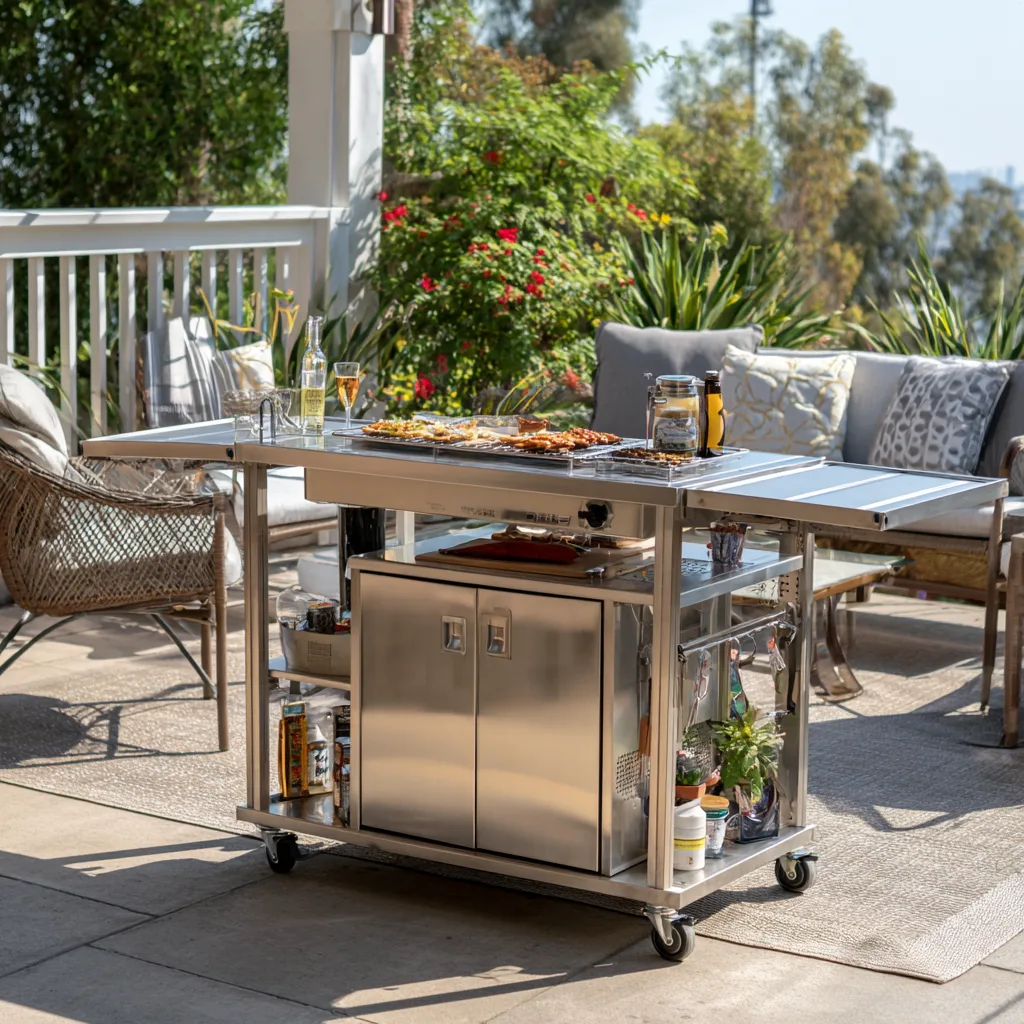 sleek portable outdoor kitchen cart with stainless steel top