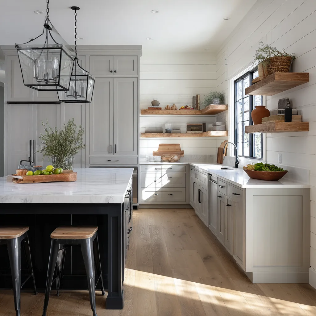 Sophisticated modern farmhouse kitchen with gray cabinetry