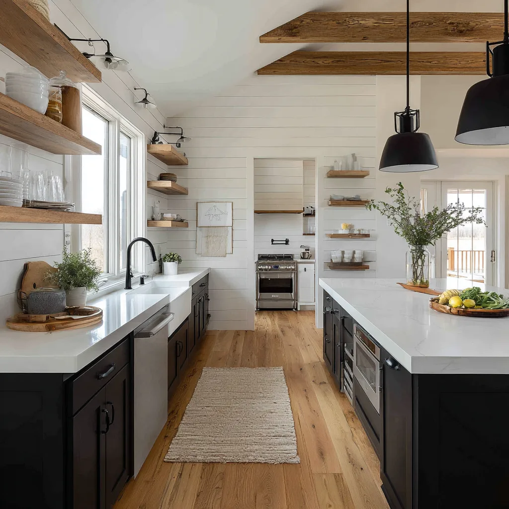 Modern farmhouse kitchen with black and white high-contrast cabinetry