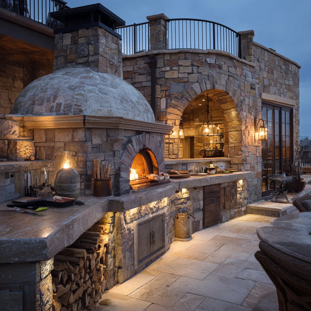 outdoor kitchen with a large dome pizza oven