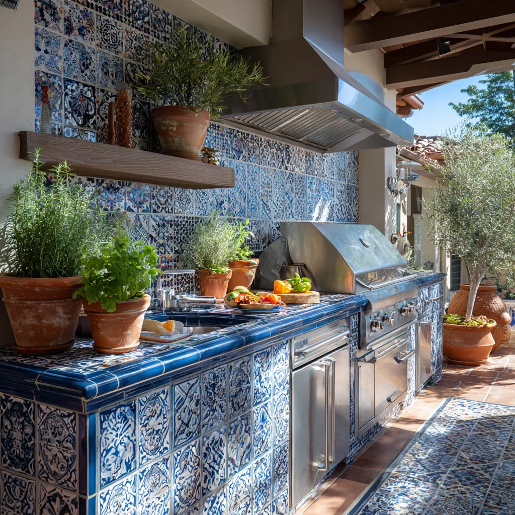 vibrant Mediterranean-style outdoor kitchen with colorful tile