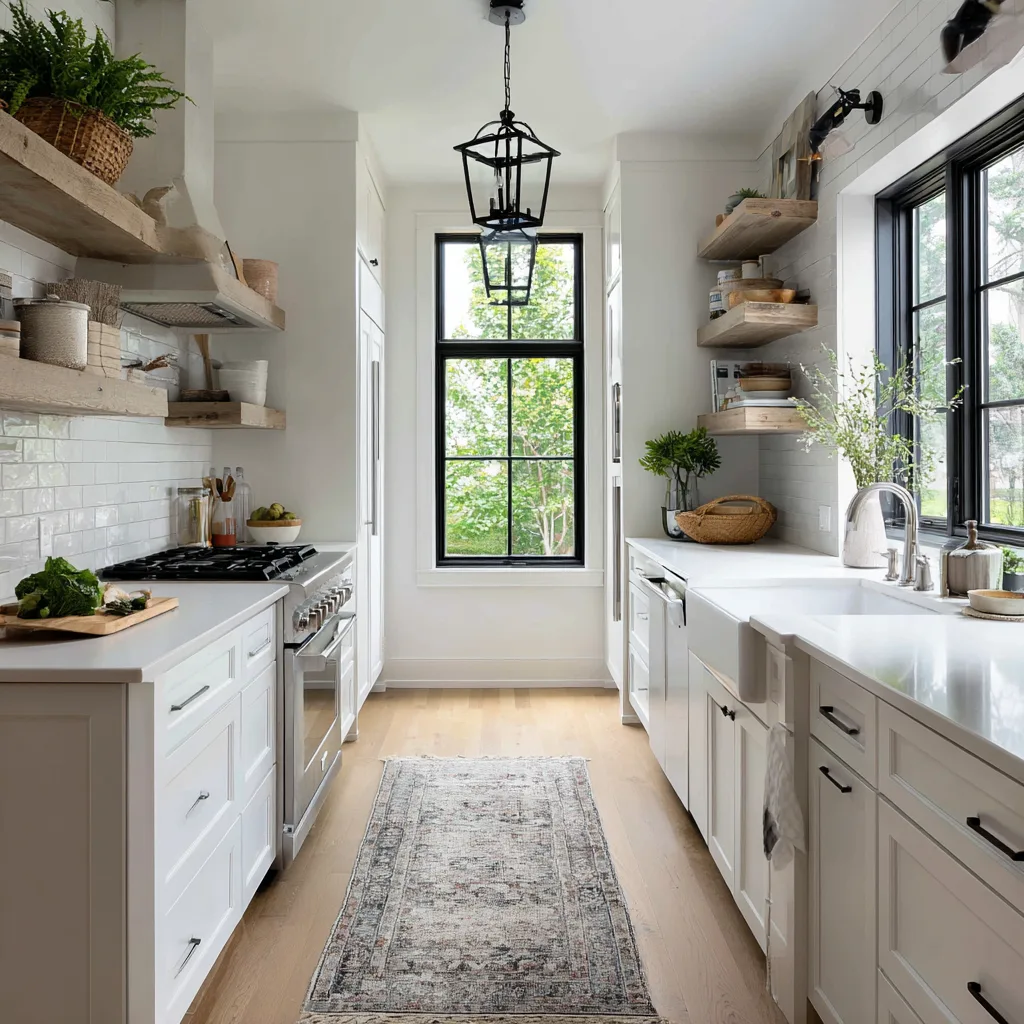 Well-designed modern farmhouse galley kitchen layout
