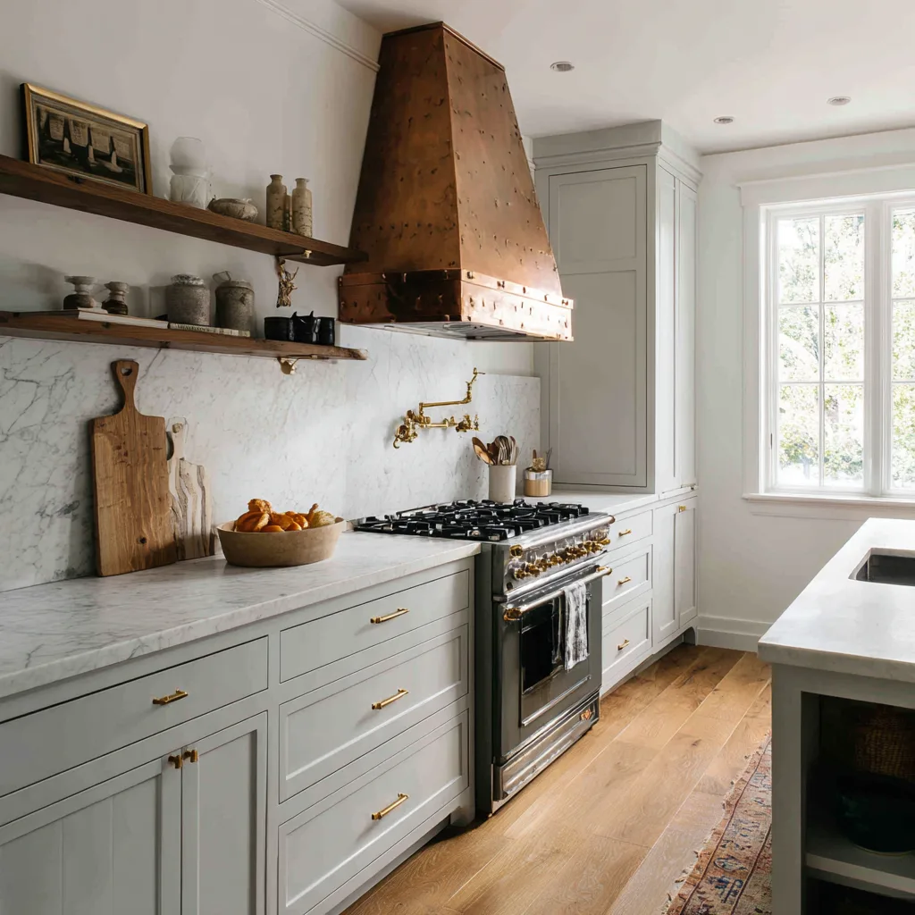 Elegant European-influenced minimal modern farmhouse kitchen