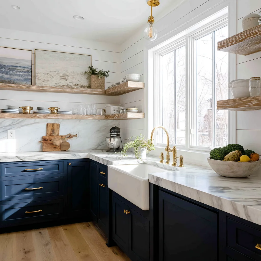 Elegant modern farmhouse kitchen with navy blue cabinetry
