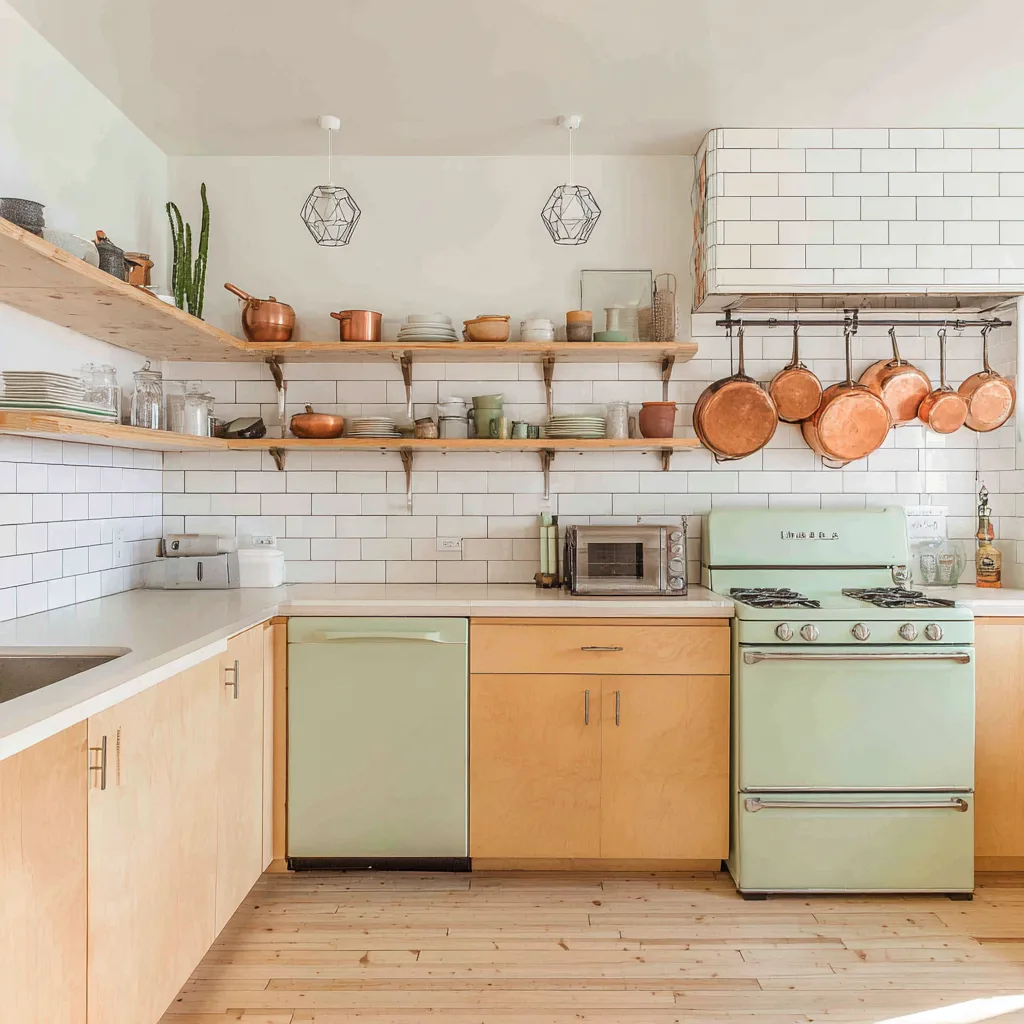 Scandinavian vintage kitchen with light pine cabinets and white surfaces
