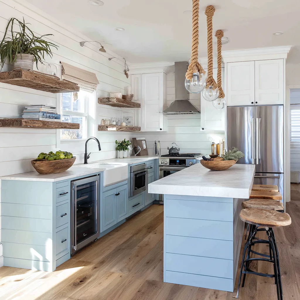 Coastal vintage kitchen with white shiplap walls and light blue accents