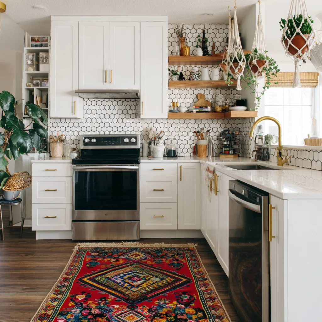 Bohemian eclectic kitchen with white cabinets and colorful tile accents
