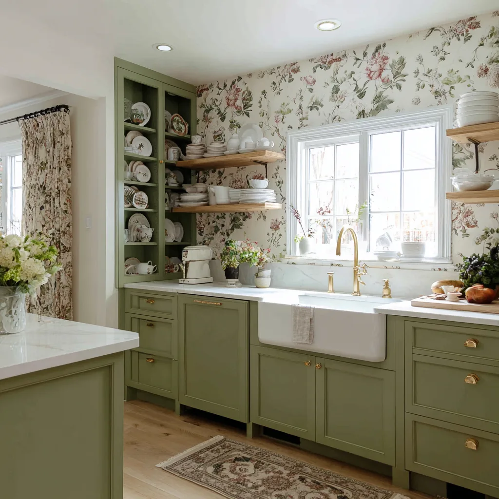 English cottage kitchen with sage green cabinets and open shelving