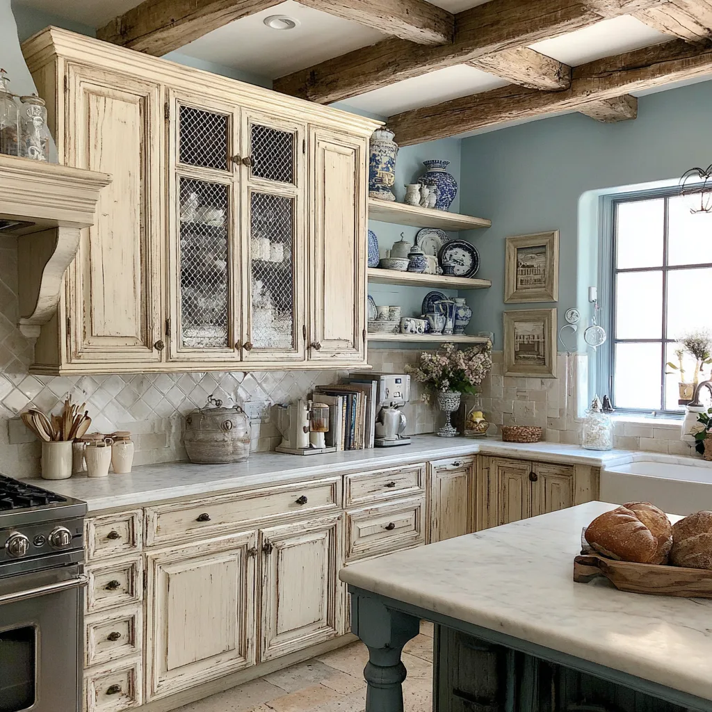 French country kitchen with distressed cream cabinetry