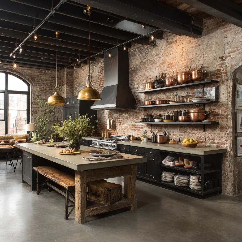 Industrial vintage modern kitchen with exposed brick and concrete counters