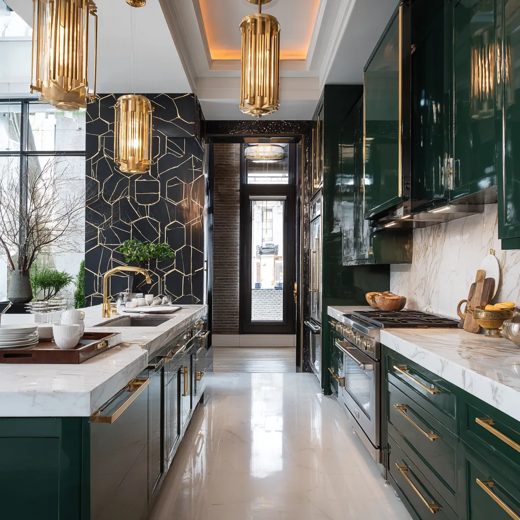 Art Deco kitchen with dark green high-gloss cabinets and brass hardware