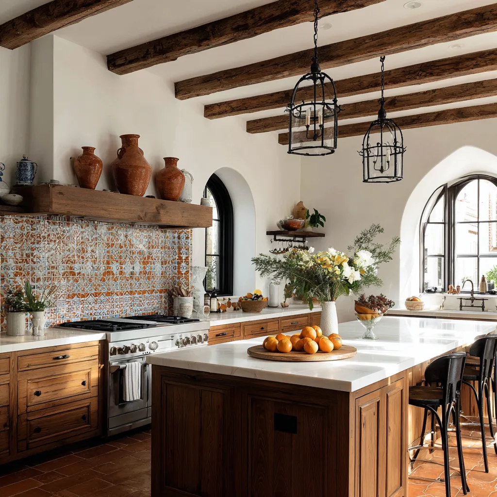Mediterranean vintage kitchen with terracotta tile and wrought iron accents