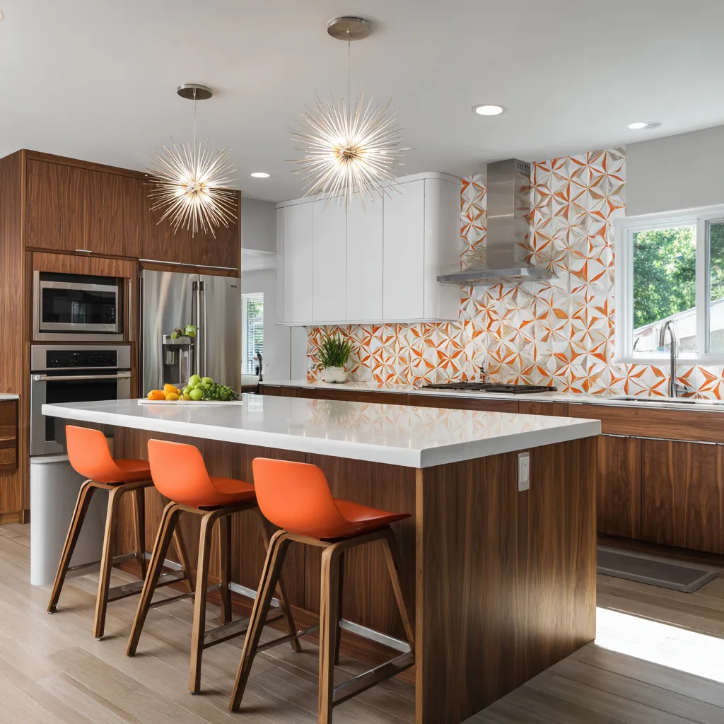 Mid-century modern kitchen with walnut cabinetry and brass fixtures