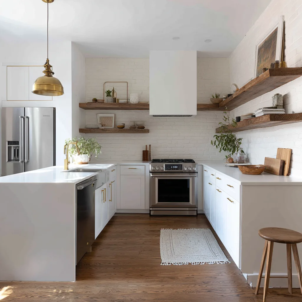 Minimalist vintage kitchen with white cabinets and a single statement fixture