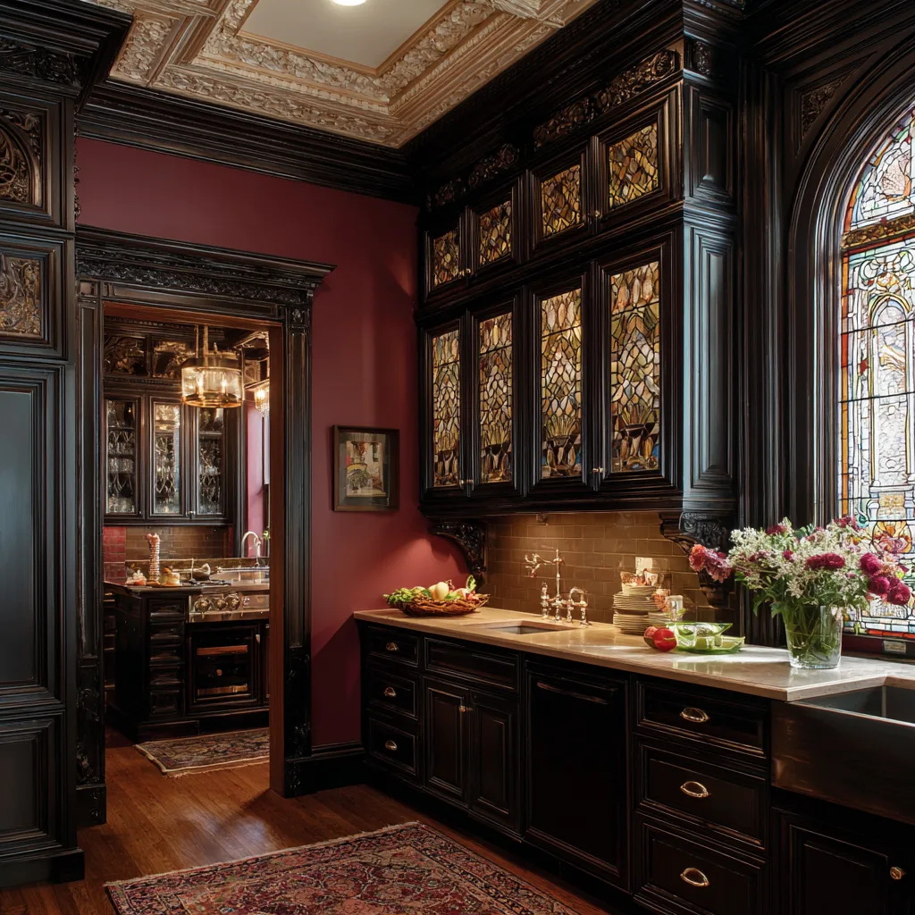 Victorian kitchen with dark wood cabinets and intricate molding