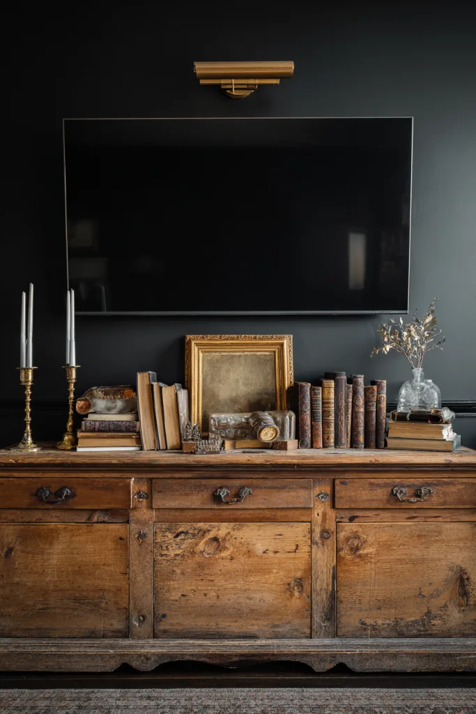 Modern TV mounted above a vintage wood console