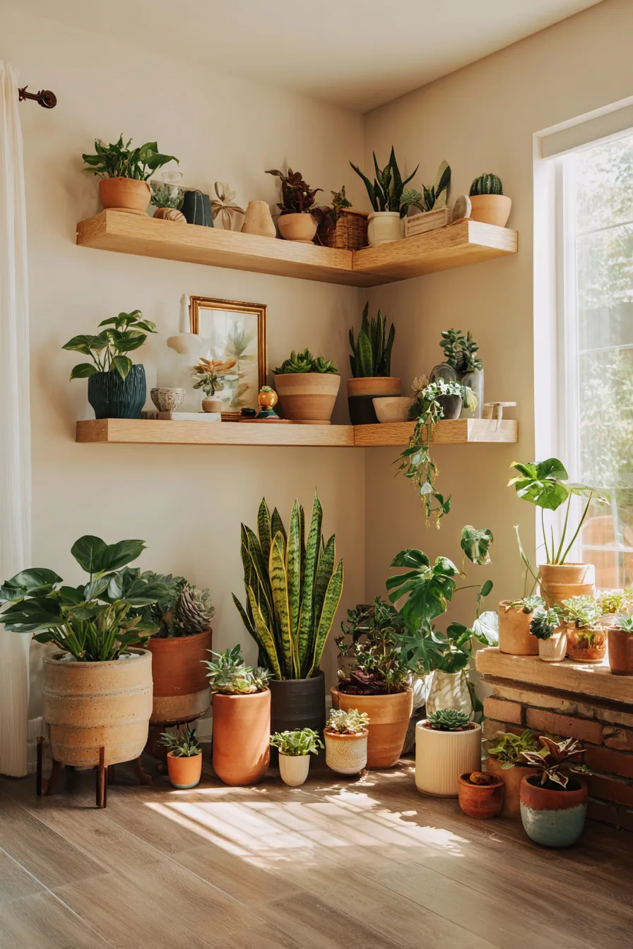 bright living room corner with a variety of green plants
