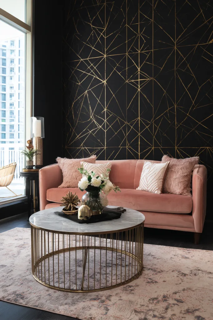 Black and gold patterned wallpaper accent wall