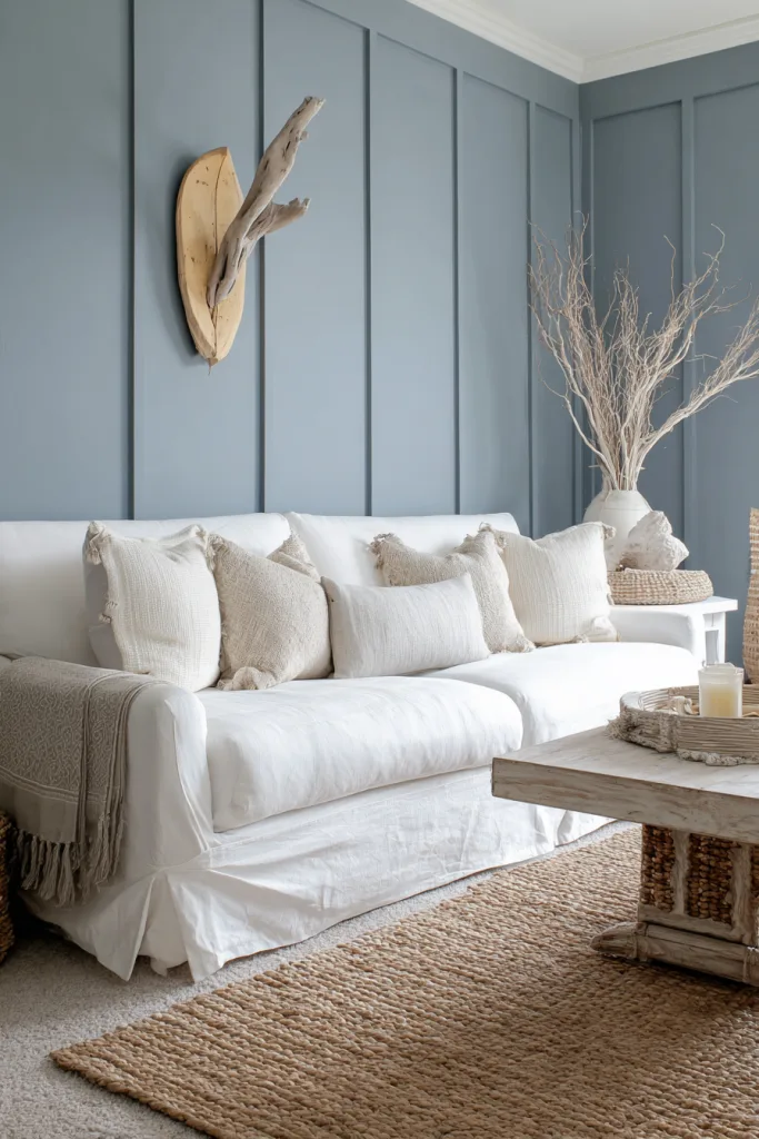 dusty blue board and batten wall in a coastal-inspired living room
