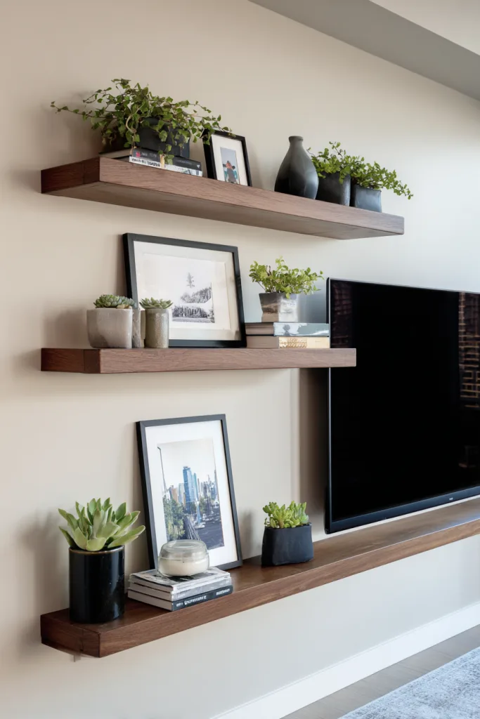 Floating wood shelves staggered around a wall-mounted TV