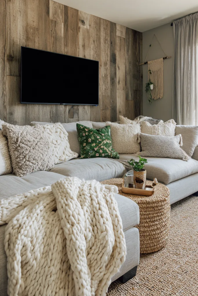 Mixed textures in throw pillows and rug around a TV seating area