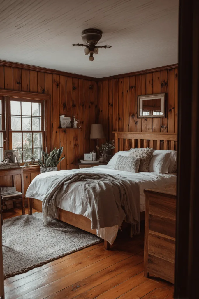 natural stained wood board and batten wall in a bedroom
