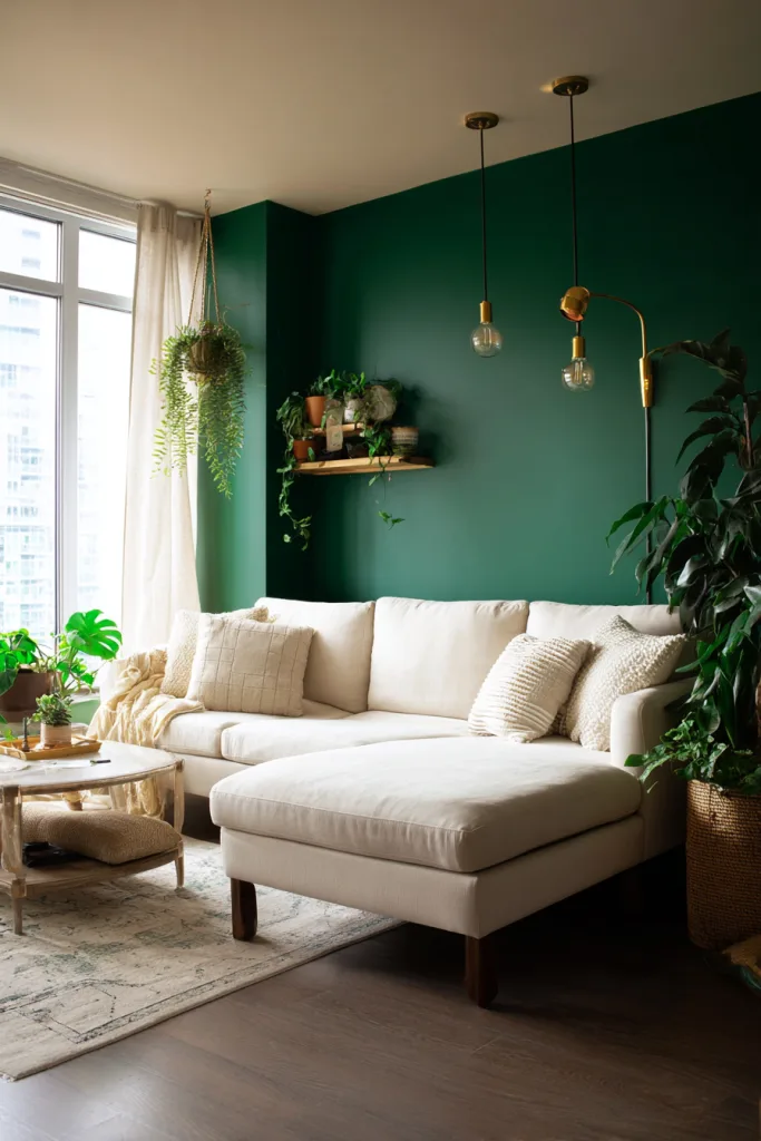Living room with one wall painted in a deep emerald green