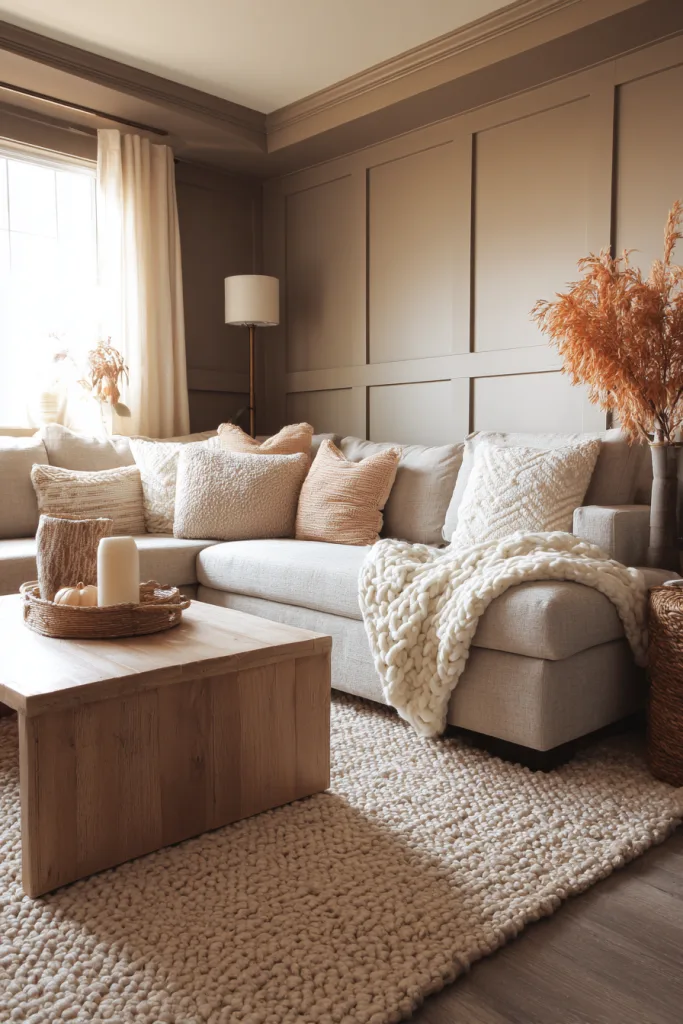 warm taupe board and batten wall in a living room