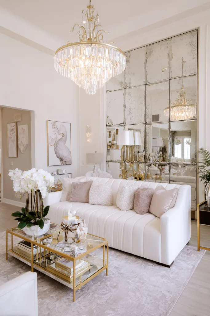 Large antiqued mirror as a living room accent wall