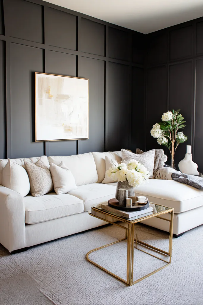 charcoal gray board and batten wall in a modern living room