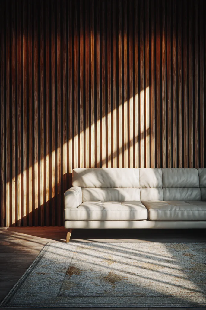 Vertical walnut wood slat accent wall
