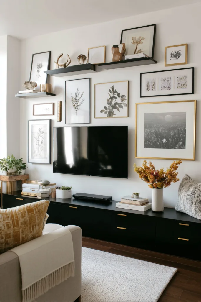 Gallery wall built around a mounted TV