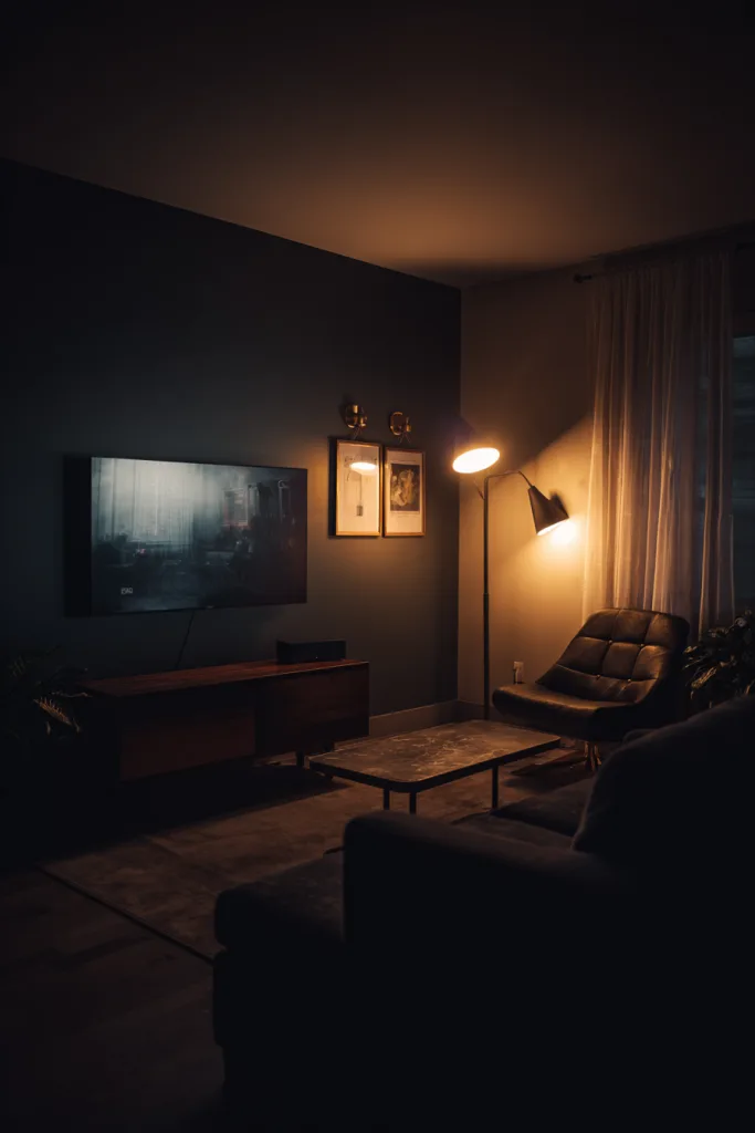 LED bias lighting behind a TV in a dimly lit living room